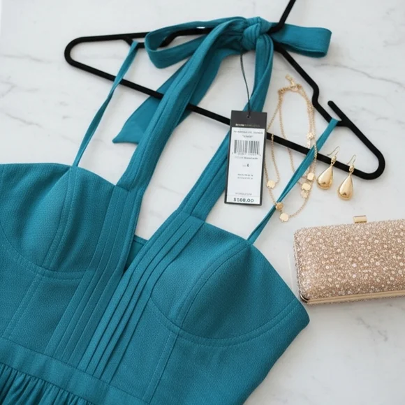 NWT BCBGMAXAZRIA Starr 100 % Silk Halter Gown 6 Bluejade Underwire Support - Picture 12 of 12